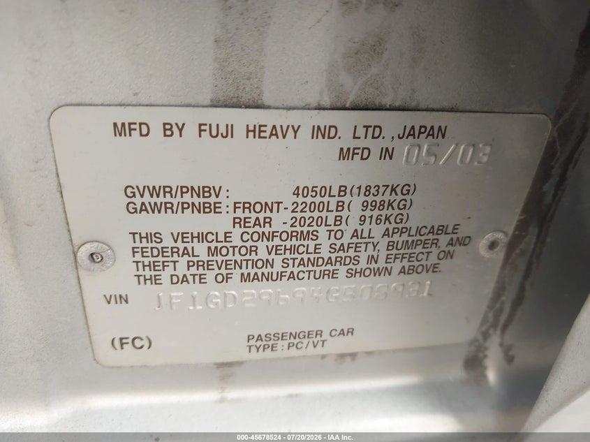 2004 Subaru Impreza VIN JF1GD29694G508931 IAAI salvage auction — NORMAL WEAR, Clear - Dealer Only (California), sold $25 on 2026-07-30 (photo 9)