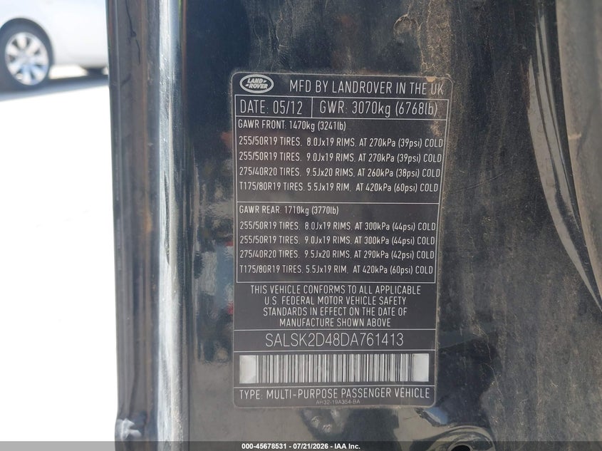 2013 Land rover Range rover sport VIN SALSK2D48DA761413 IAAI salvage auction — NORMAL WEAR, Original (Texas), sold $125 on 2026-07-30 (photo 9)