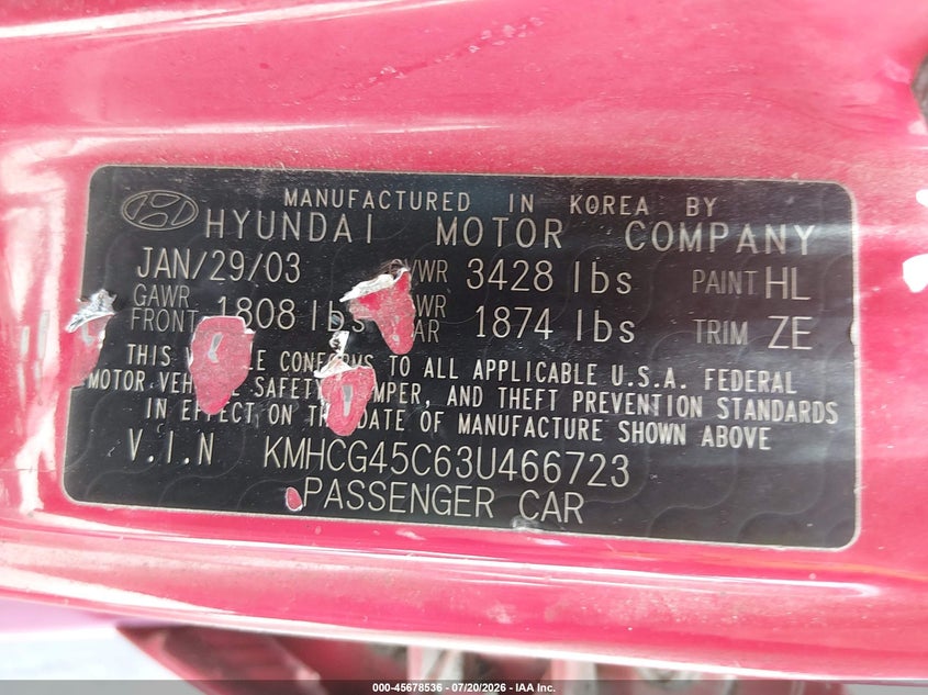 2003 Hyundai Accent VIN KMHCG45C63U466723 IAAI salvage auction — NORMAL WEAR, Original (Texas), sold $125 on 2026-07-28 (photo 9)