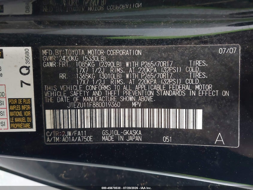2008 Toyota Fj cruiser VIN JTEZU11F880019360 IAAI salvage auction — NORMAL WEAR, Clear (Florida), sold $25 on 2026-07-29 (photo 9)