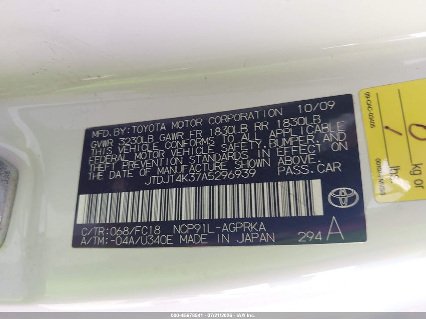 2010 Toyota Yaris VIN JTDJT4K37A5296939 IAAI salvage auction — NORMAL WEAR, Tribal Title -  Public Restricted (Oklahoma), sold $500 on 2026-07-28 (photo 9)