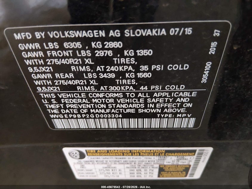 2016 Volkswagen Touareg VIN WVGEP9BP2GD003304 IAAI salvage auction — NORMAL WEAR, Clear (Minnesota), sold $4,150 on 2026-08-11 (photo 9)