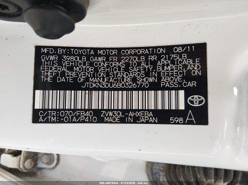 2011 Toyota Prius VIN JTDKN3DU6B0326770 IAAI salvage auction — NORMAL WEAR, Clear (Georgia), sold $2,250 on 2026-07-31 (photo 9)