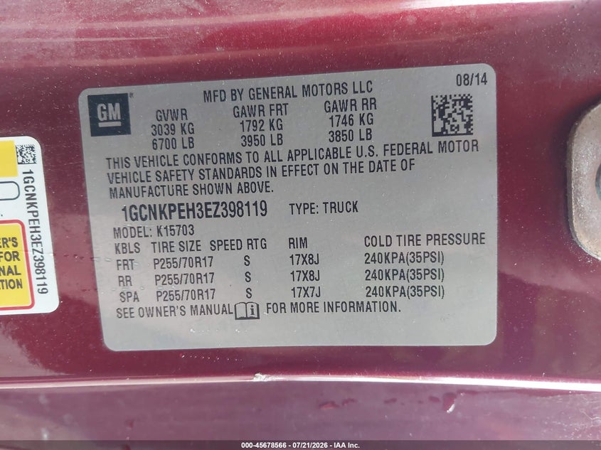 2014 Chevrolet Silverado 1500 VIN 1GCNKPEH3EZ398119 IAAI salvage auction — NORMAL WEAR, Clear (Pennsylvania), sold $2,075 on 2026-07-31 (photo 9)