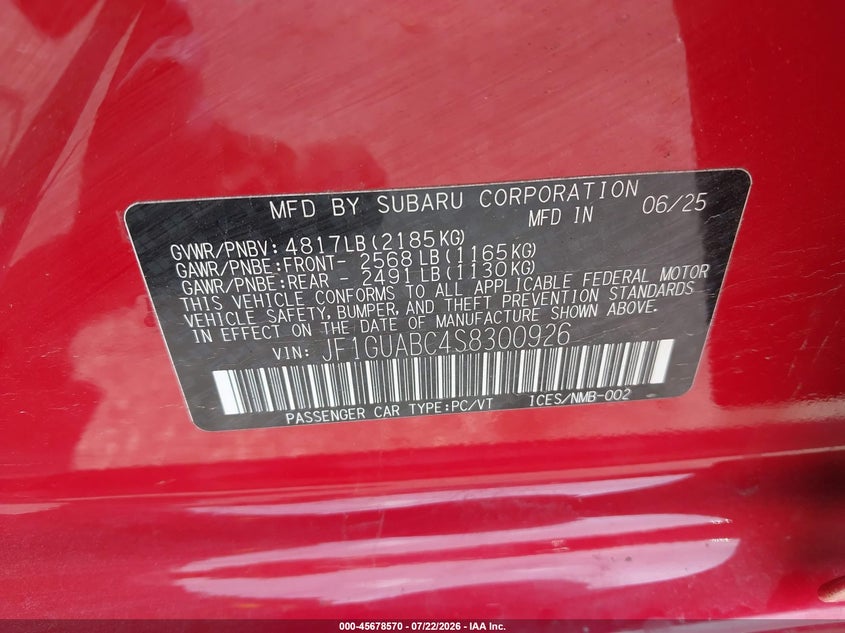 2025 Subaru Impreza VIN JF1GUABC4S8300926 IAAI salvage auction — FRONT END, Wait Title, sold $4,250 on 2026-08-02 (photo 9)