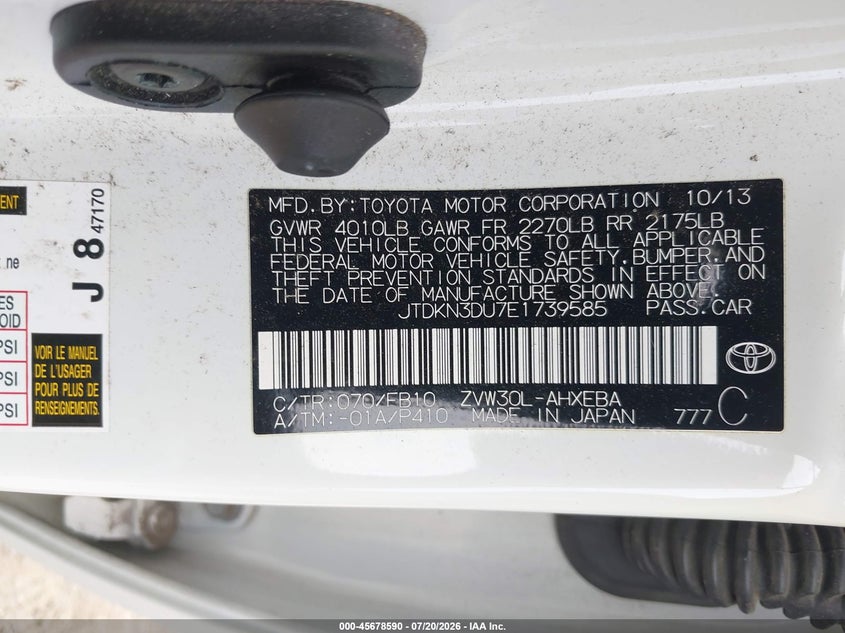 2014 Toyota Prius VIN JTDKN3DU7E1739585 IAAI salvage auction — NORMAL WEAR, Clear (Washington), sold $2,550 on 2026-07-29 (photo 9)