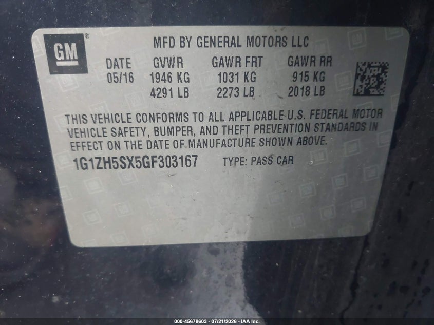 2016 Chevrolet Malibu VIN 1G1ZH5SX5GF303167 IAAI salvage auction — HAIL, Salvage Title, sold $3,325 on 2026-09-03 (photo 9)