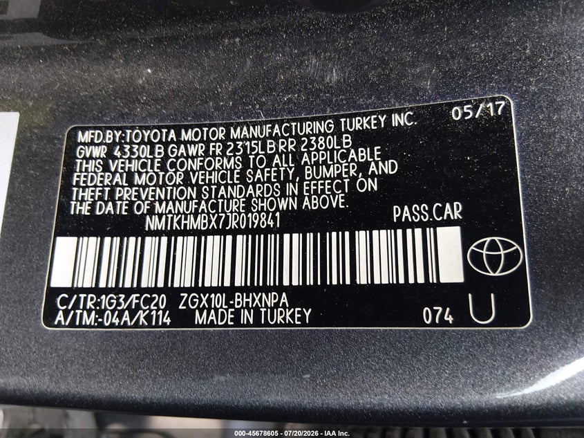 2018 Toyota C-hr VIN NMTKHMBX7JR019841 IAAI salvage auction — NORMAL WEAR, Clear (North Carolina), sold $525 on 2026-07-29 (photo 9)
