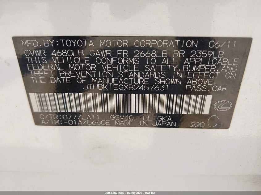 2011 Lexus Es 350 VIN JTHBK1EGXB2457631 IAAI salvage auction — REAR END, Clear (Wisconsin), sold $25 on 2026-07-29 (photo 9)