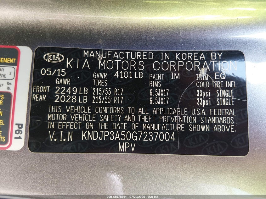 2016 Kia Soul VIN KNDJP3A50G7237004 IAAI salvage auction — NORMAL WEAR, Original (Texas), sold $1,850 on 2026-07-23 (photo 9)