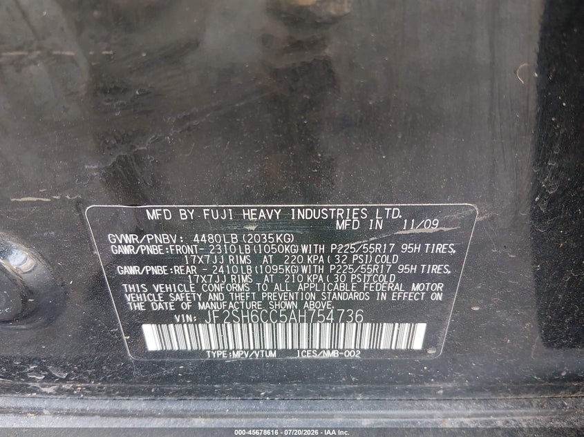 2010 Subaru Forester VIN JF2SH6CC5AH754736 IAAI salvage auction — NORMAL WEAR, Clear (Virginia), sold $325 on 2026-07-31 (photo 9)