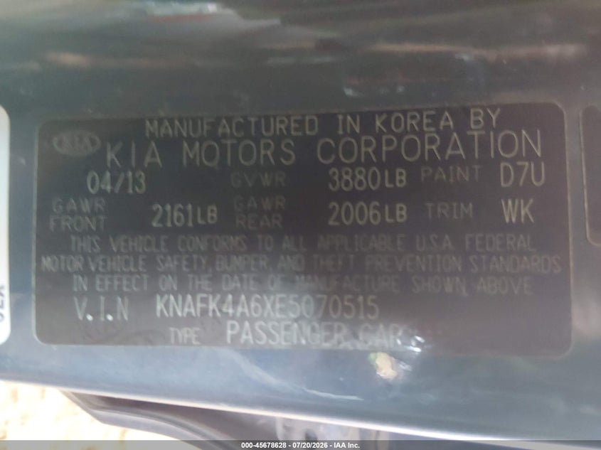 2014 Kia Forte VIN KNAFK4A6XE5070515 IAAI salvage auction — NORMAL WEAR, Clear-Dealer Only (Arizona), sold $550 on 2026-07-28 (photo 9)