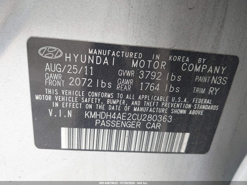 2012 Hyundai Elantra VIN KMHDH4AE2CU280363 IAAI salvage auction — NORMAL WEAR, Clear - Dealer Only (California), sold $1,200 on 2026-08-01 (photo 9)