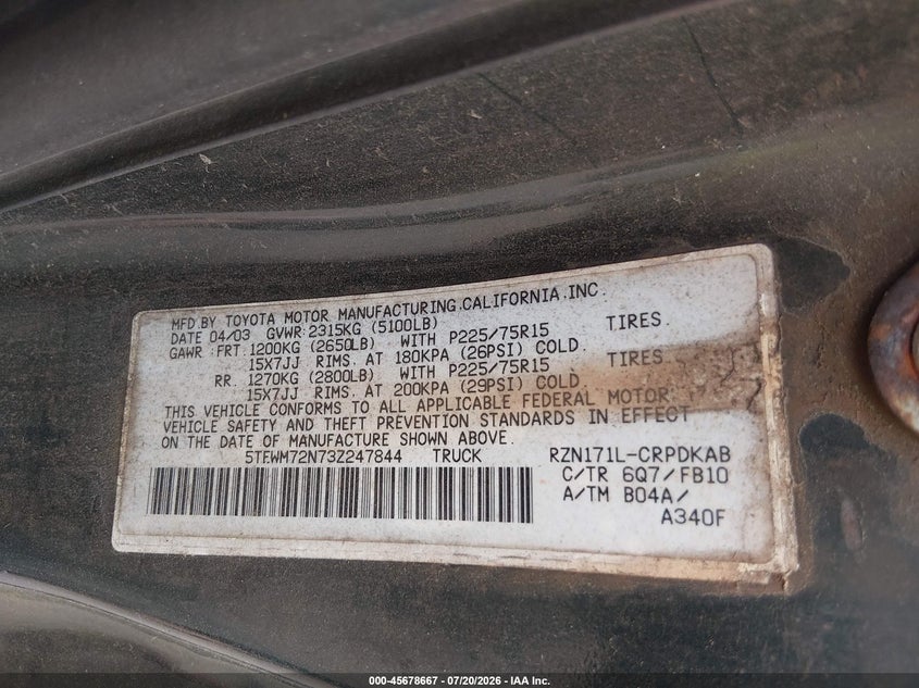 2003 Toyota Tacoma VIN 5TEWM72N73Z247844 IAAI salvage auction — NORMAL WEAR, Clear (Washington), sold $3,050 on 2026-07-29 (photo 9)