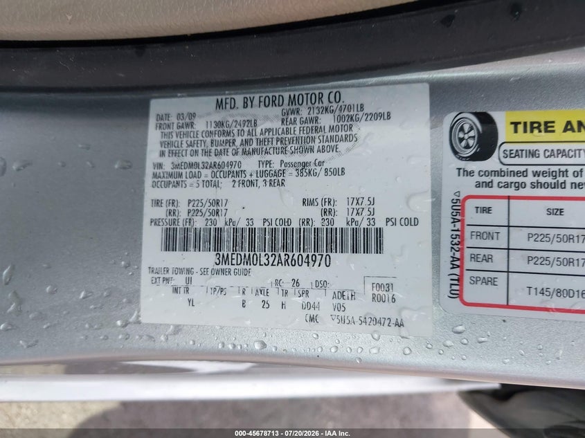 2010 Mercury Milan VIN 3MEDM0L32AR604970 IAAI salvage auction — NORMAL WEAR, Clear (Missouri), sold $325 on 2026-09-08 (photo 9)
