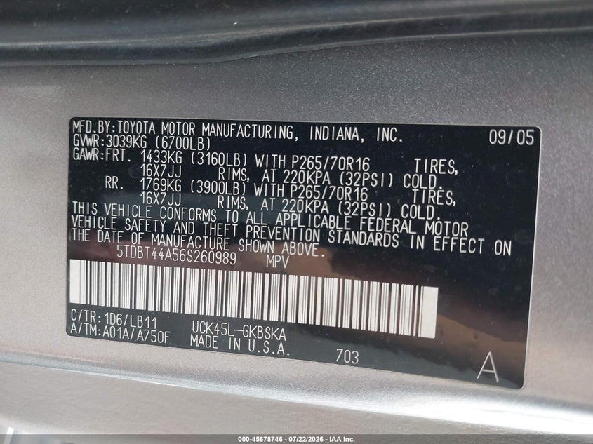 2006 Toyota Sequoia VIN 5TDBT44A56S260989 IAAI salvage auction — NORMAL WEAR, Clear (Utah), sold $775 on 2026-07-30 (photo 9)