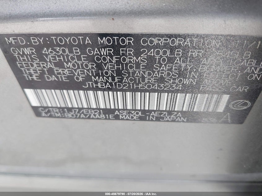 2017 Lexus Is 200t VIN JTHBA1D21H5043234 IAAI salvage auction — FRONT END, Clear (Florida), sold $6,075 on 2026-07-31 (photo 9)