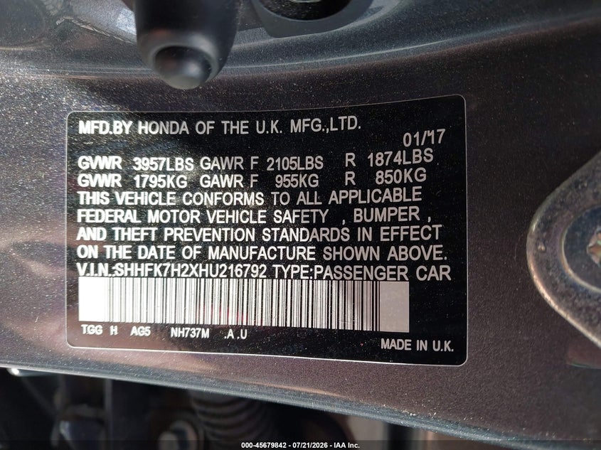 2017 Honda Civic VIN SHHFK7H2XHU216792 IAAI salvage auction — NORMAL WEAR, Salvage (Florida), sold $2,500 on 2026-07-30 (photo 9)