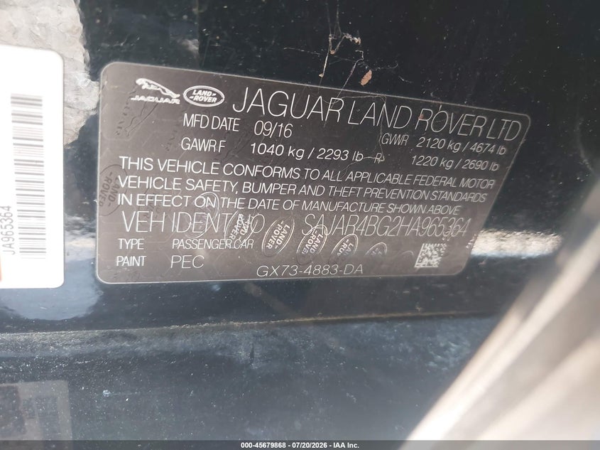 2017 Jaguar Xe VIN SAJAR4BG2HA965364 IAAI salvage auction — NORMAL WEAR, Salvage Title, sold $1,075 on 2026-09-08 (photo 9)