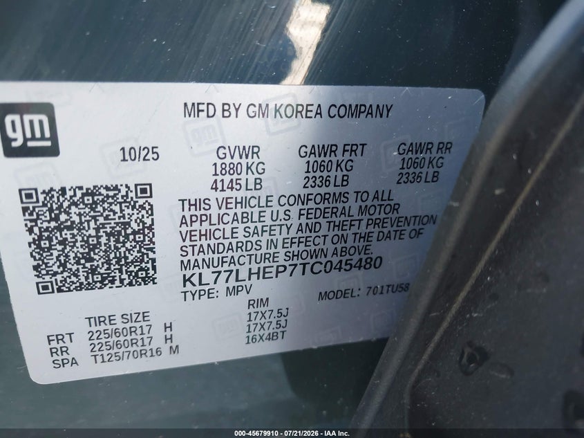 2026 Chevrolet Trax VIN KL77LHEP7TC045480 IAAI salvage auction — NORMAL WEAR, Salvage (Florida), sold $18,000 on 2026-08-02 (photo 9)