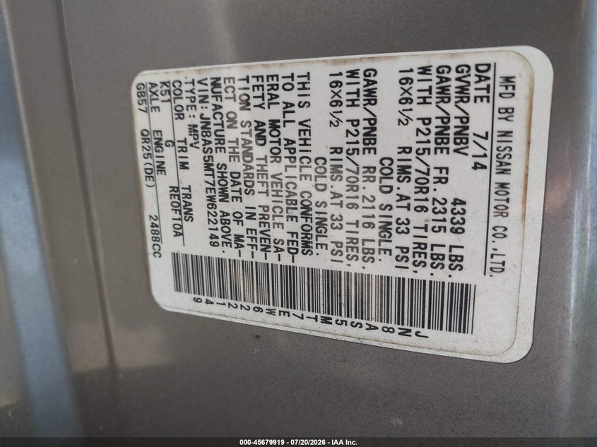 2014 Nissan Rogue VIN JN8AS5MT7EW622149 IAAI salvage auction — NORMAL WEAR, Salvage (Virginia), sold $25 on 2026-07-29 (photo 9)