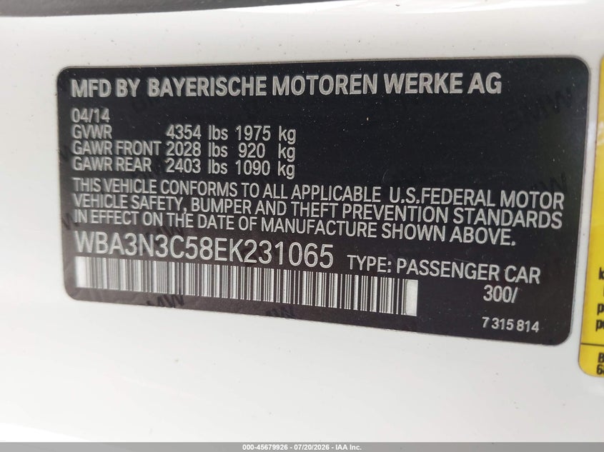 2014 BMW 4er VIN WBA3N3C58EK231065 IAAI salvage auction — REAR END, Wait Title, sold $2,500 on 2026-08-02 (photo 9)