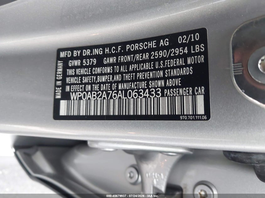 2010 Porsche Panamera VIN WP0AB2A76AL063433 IAAI salvage auction — UNKNOWN, Salvage (North Carolina), sold $1,700 on 2026-08-12 (photo 9)