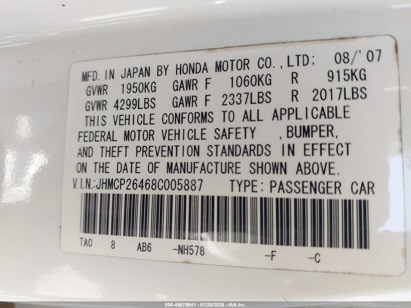 2008 Honda Accord VIN JHMCP26468C005887 IAAI salvage auction — NORMAL WEAR, Original (Texas), sold $25 on 2026-07-28 (photo 9)