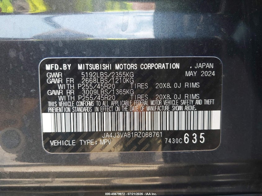 2024 Mitsubishi Outlander VIN JA4J3VA81RZ068761 IAAI salvage auction — FRONT END, Salvage Title, sold $6,300 on 2026-08-19 (photo 9)