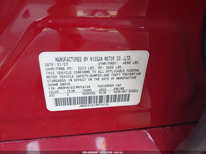 2007 Infiniti G35 VIN JNKBV61E27M714124 IAAI salvage auction — LEFT SIDE, Clear (Virginia), sold $700 on 2026-09-04 (photo 9)
