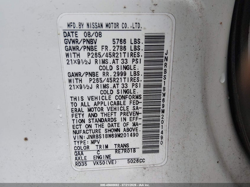 2009 Infiniti Fx50 VIN JNRBS18W69M201490 IAAI salvage auction — NORMAL WEAR, Clear (New Jersey), sold $1,300 on 2026-07-30 (photo 9)