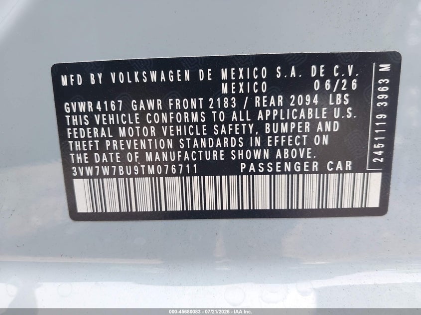 2026 Volkswagen Jetta VIN 3VW7W7BU9TM076711 IAAI salvage auction — FRONT END, Salvage (Virginia), sold $7,975 on 2026-09-08 (photo 9)