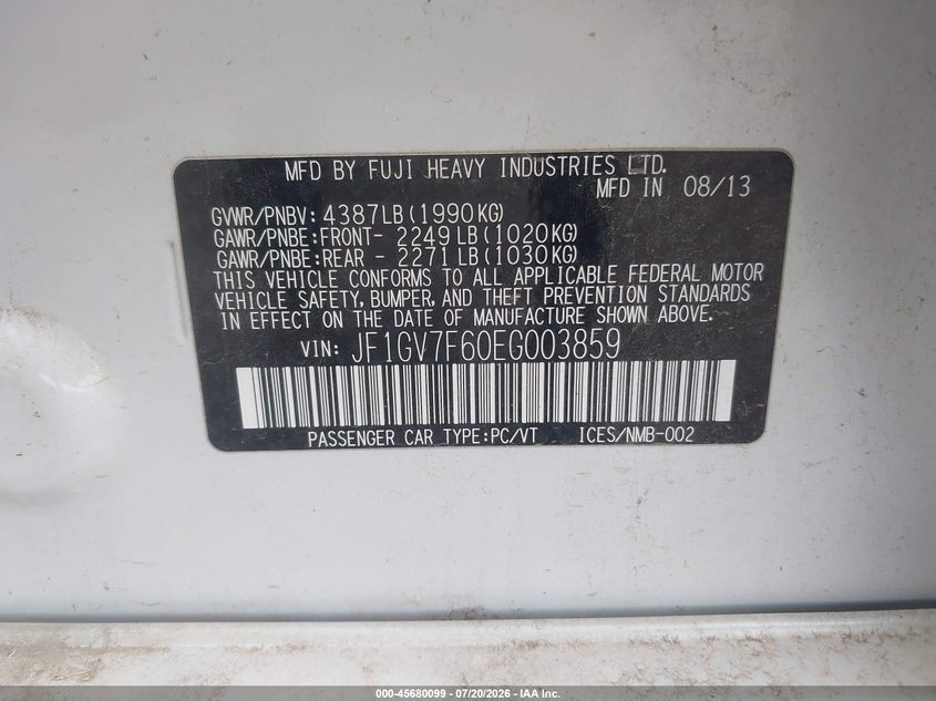2014 Subaru Impreza wrx VIN JF1GV7F60EG003859 IAAI salvage auction — NORMAL WEAR, Salvage (Arizona), sold $25 on 2026-07-28 (photo 9)