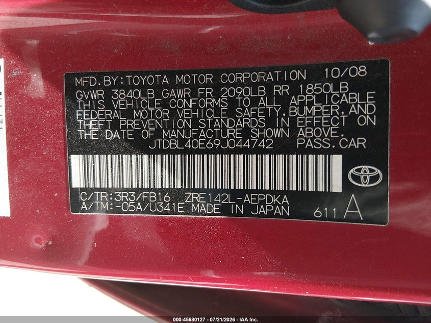 2009 Toyota Corolla VIN JTDBL40E69J044742 IAAI salvage auction — NORMAL WEAR, Clear (Indiana), sold $25 on 2026-07-28 (photo 9)