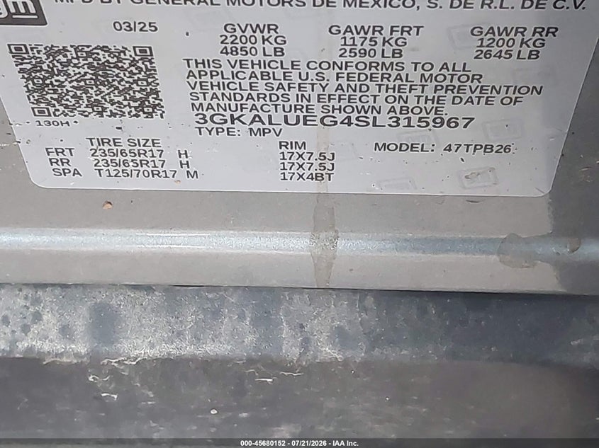2025 Gmc Terrain VIN 3GKALUEG4SL315967 IAAI salvage auction — ENGINE DAMAGE, Clear (Florida), sold $12,100 on 2026-07-28 (photo 9)