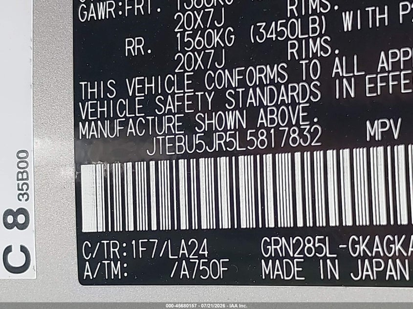 2020 Toyota 4runner VIN JTEBU5JR5L5817832 IAAI salvage auction — FRONT & REAR, Salvage (Texas), sold $11,800 on 2026-07-31 (photo 9)