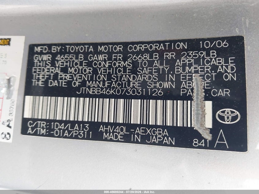 2007 Toyota Camry hybrid VIN JTNBB46K073031126 IAAI salvage auction — NORMAL WEAR, Clear - Dealer Only (California), sold $475 on 2026-07-29 (photo 9)
