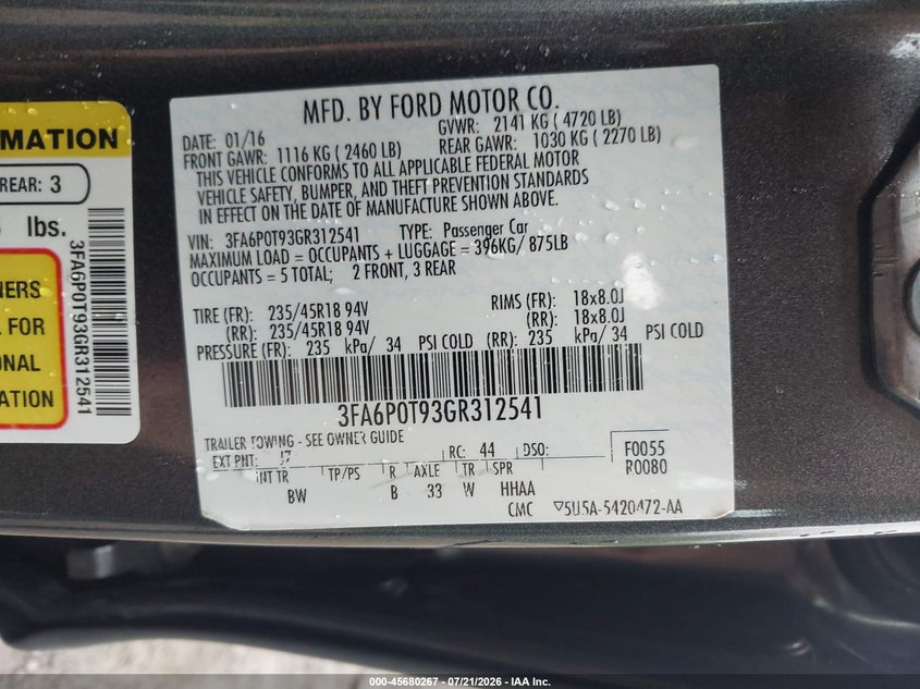 2016 Ford Fusion VIN 3FA6P0T93GR312541 IAAI salvage auction — REAR END, Salvage (Pennsylvania), sold $1,700 on 2026-07-31 (photo 9)