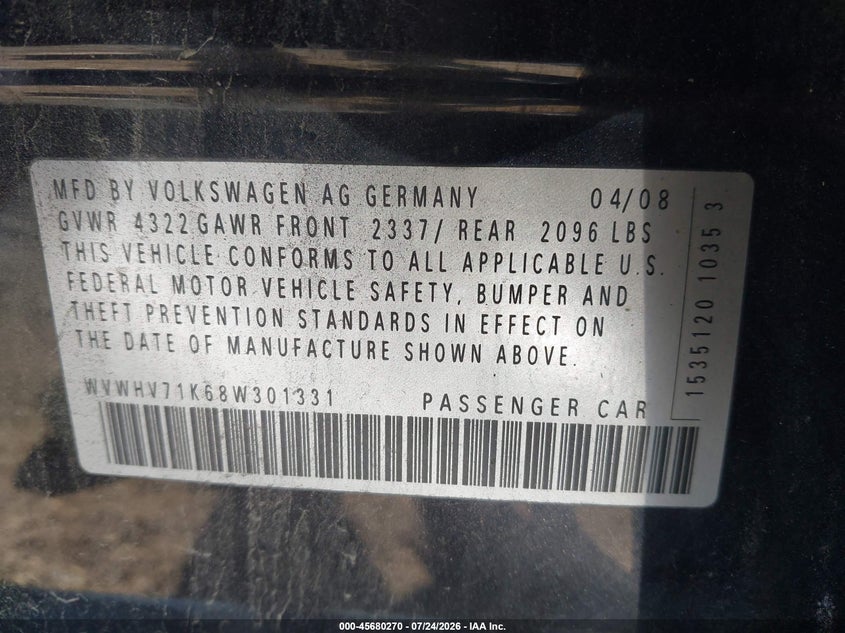 2008 Volkswagen Gti VIN WVWHV71K68W301331 IAAI salvage auction — FRONT END, Mv-907A (New York), sold $400 on 2026-08-13 (photo 9)