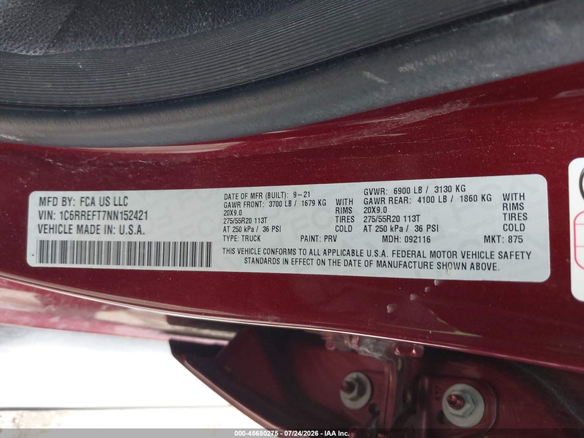 2022 Ram 1500 VIN 1C6RREFT7NN152421 IAAI salvage auction — SIDE, Salvage Title, sold $10,400 on 2026-09-20 (photo 9)