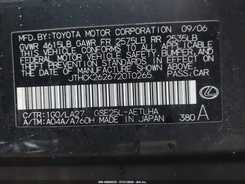 2007 Lexus Is 250 VIN JTHCK262672010265 IAAI salvage auction — NORMAL WEAR, Clear (Pennsylvania), sold $275 on 2026-07-28 (photo 9)