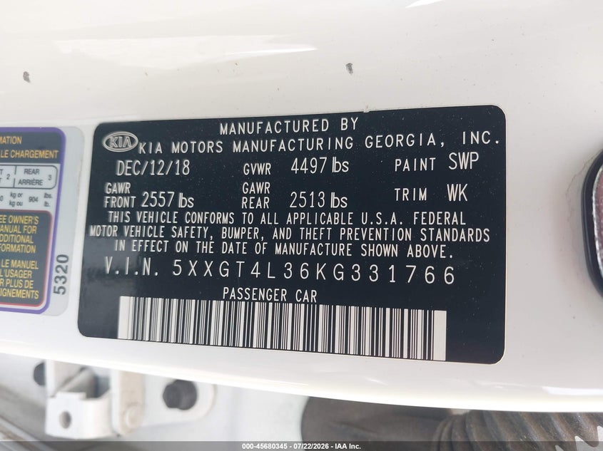 2019 Kia Optima VIN 5XXGT4L36KG331766 IAAI salvage auction — UNKNOWN, Clear (South Carolina), sold $1,150 on 2026-07-28 (photo 9)