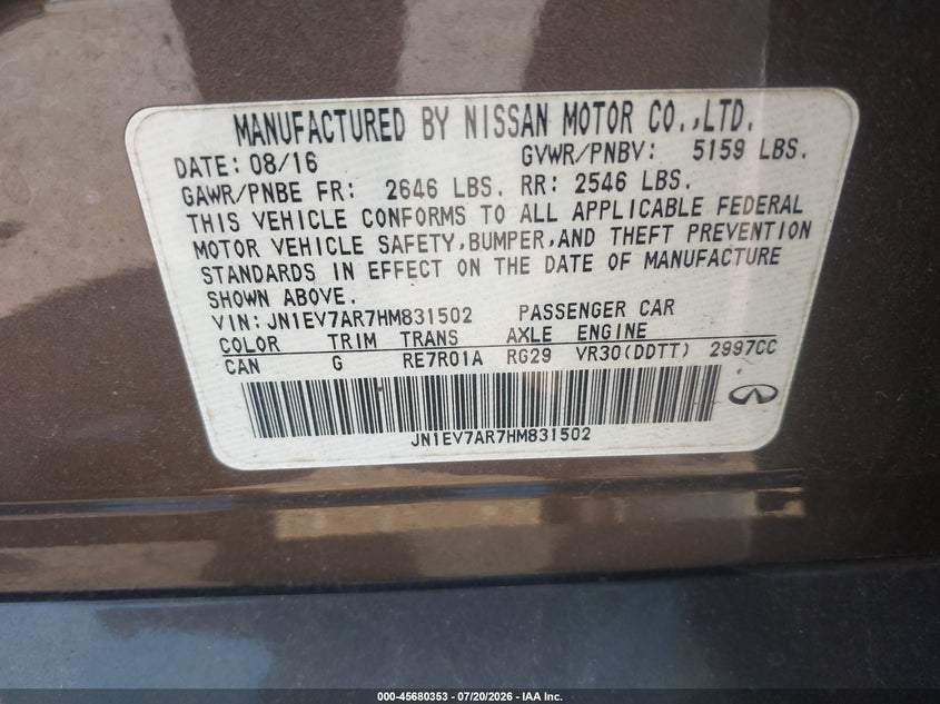 2017 Infiniti Q50 VIN JN1EV7AR7HM831502 IAAI salvage auction — NORMAL WEAR, Clear (Pennsylvania), sold $2,100 on 2026-07-31 (photo 9)