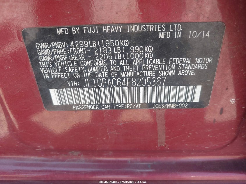 2015 Subaru Impreza VIN JF1GPAC64F8205367 IAAI salvage auction — NORMAL WEAR, Clear (Pennsylvania), sold $750 on 2026-07-31 (photo 9)