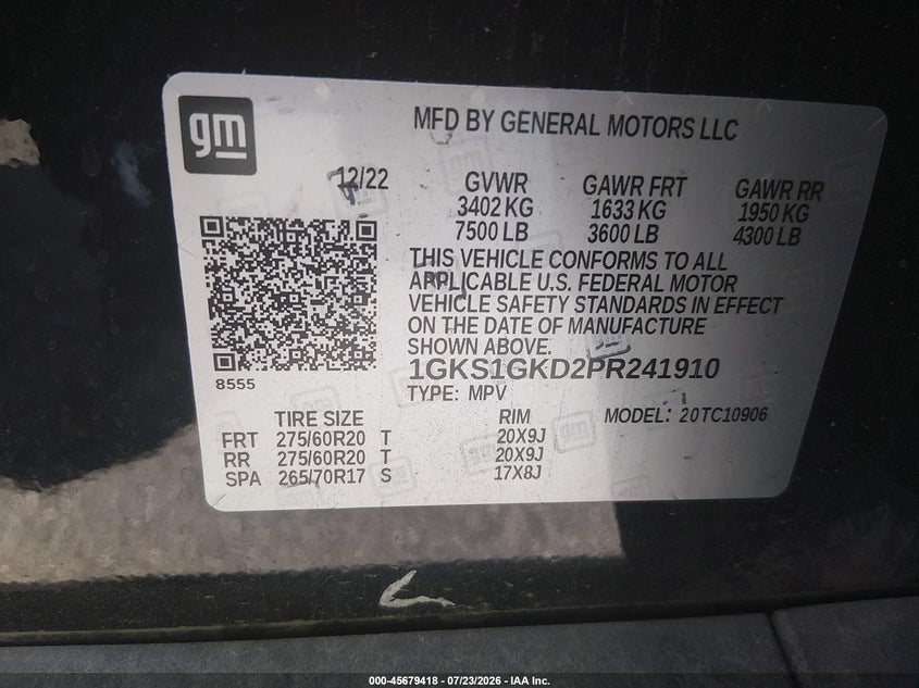 2023 Gmc Yukon VIN 1GKS1GKD2PR241910 IAAI salvage auction — LEFT FRONT, Rebuildable (Florida), sold $22,250 on 2026-08-21 (photo 9)
