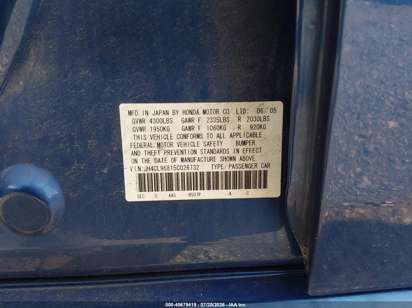 2005 Acura Tsx VIN JH4CL96815C026732 IAAI salvage auction — NORMAL WEAR, Clear-Dealer Only (Maryland), sold $925 on 2026-07-30 (photo 9)