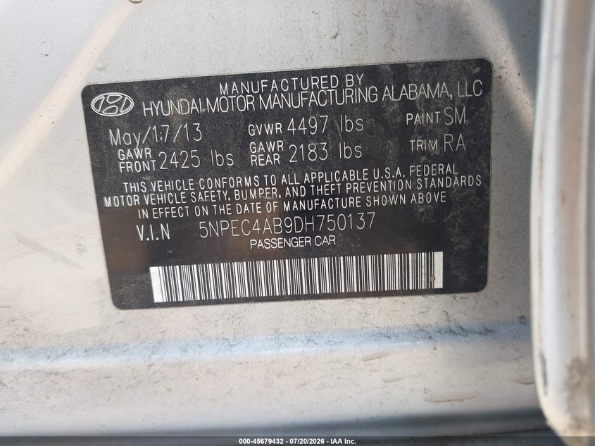 2013 Hyundai Sonata VIN 5NPEC4AB9DH750137 IAAI salvage auction — NORMAL WEAR, Original (Ohio), sold $1,125 on 2026-07-30 (photo 9)
