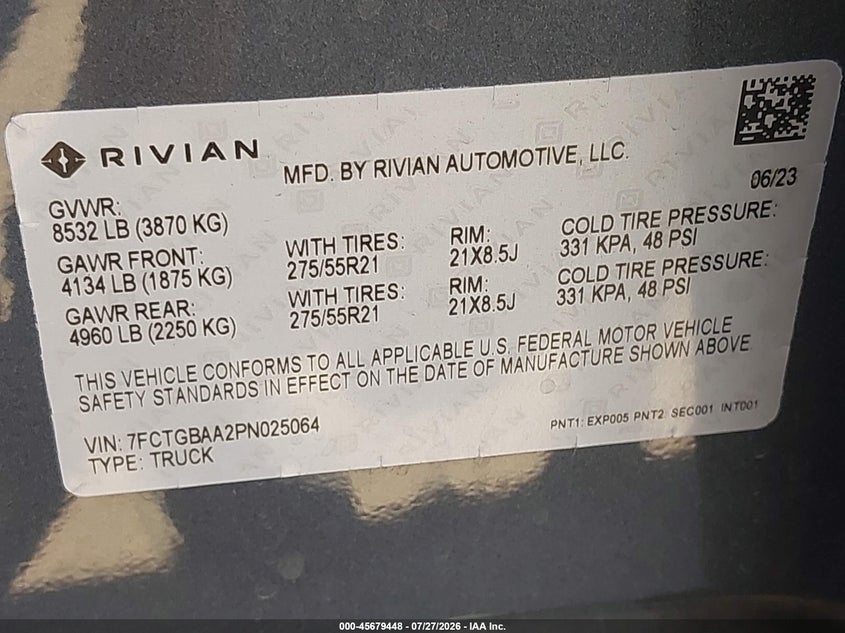 2023 Rivian R1t VIN 7FCTGBAA2PN025064 IAAI salvage auction — REAR END, Wait Title, sold $17,150 on 2026-08-25 (photo 9)
