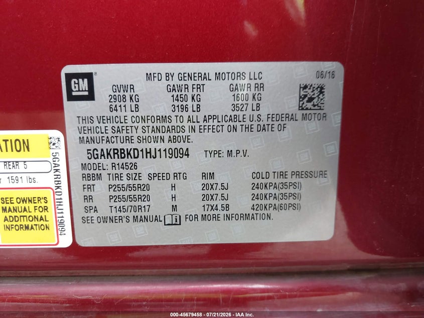 2017 Buick Enclave VIN 5GAKRBKD1HJ119094 IAAI salvage auction — REAR END, Salvage Title, sold $1,400 on 2026-08-01 (photo 9)