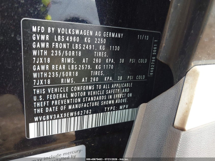 2014 Volkswagen Tiguan VIN WVGBV3AX9EW562762 IAAI salvage auction — FRONT END, Salvage Title, sold $425 on 2026-08-14 (photo 9)